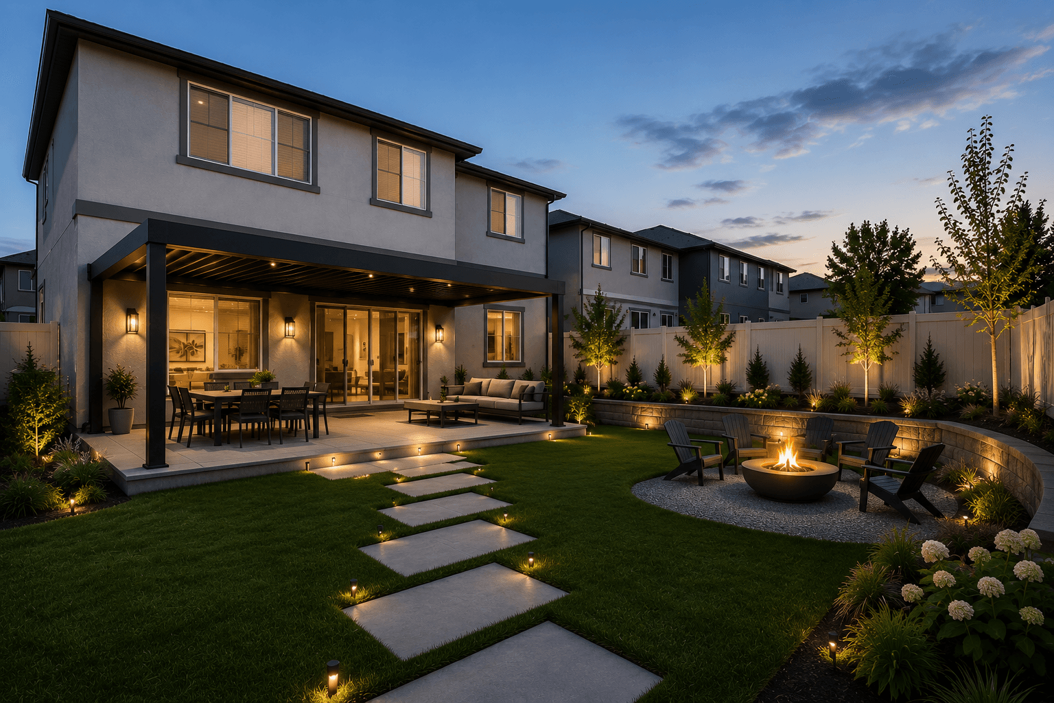 After — the finished backyard with pergola, patio, fire feature, and landscaping