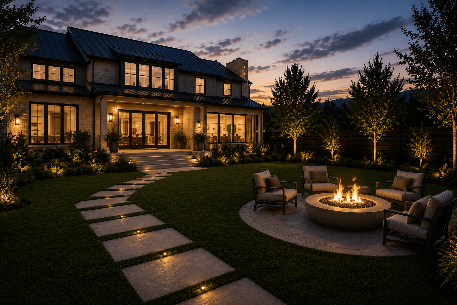 A beautiful Utah home at dusk with a fire pit, landscape lighting, and paver pathway