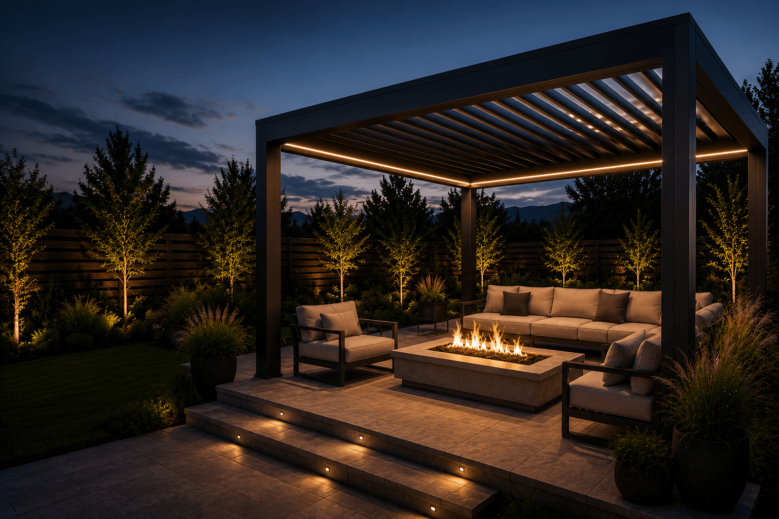 Luxury Utah backyard at dusk with a modern pergola, fire feature, and landscape lighting